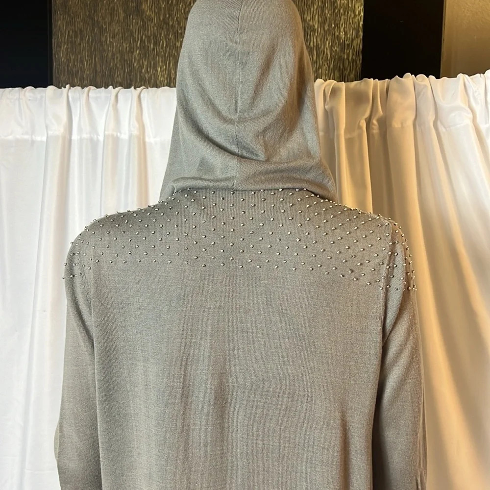 Cullen Studded Hooded Open Front Cardigan Olive Gray Size Small Pockets - Picture 8 of 12
